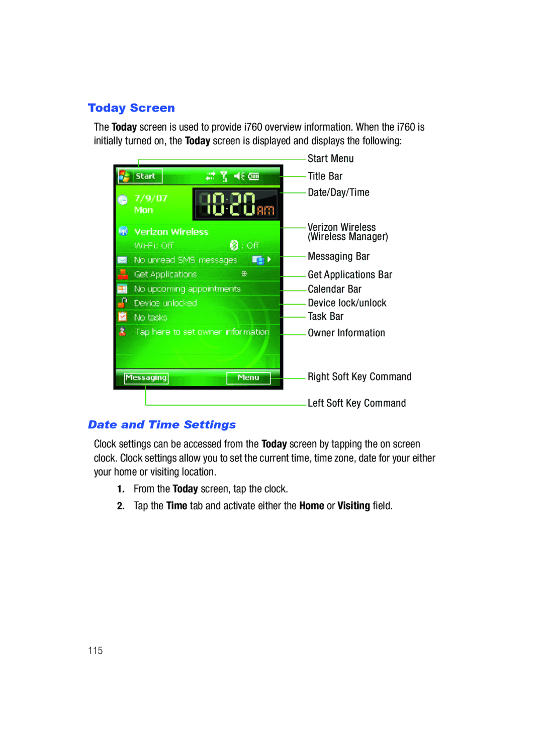 Samsung SCH-i760 user manual Today Screen, Date and Time Settings 
