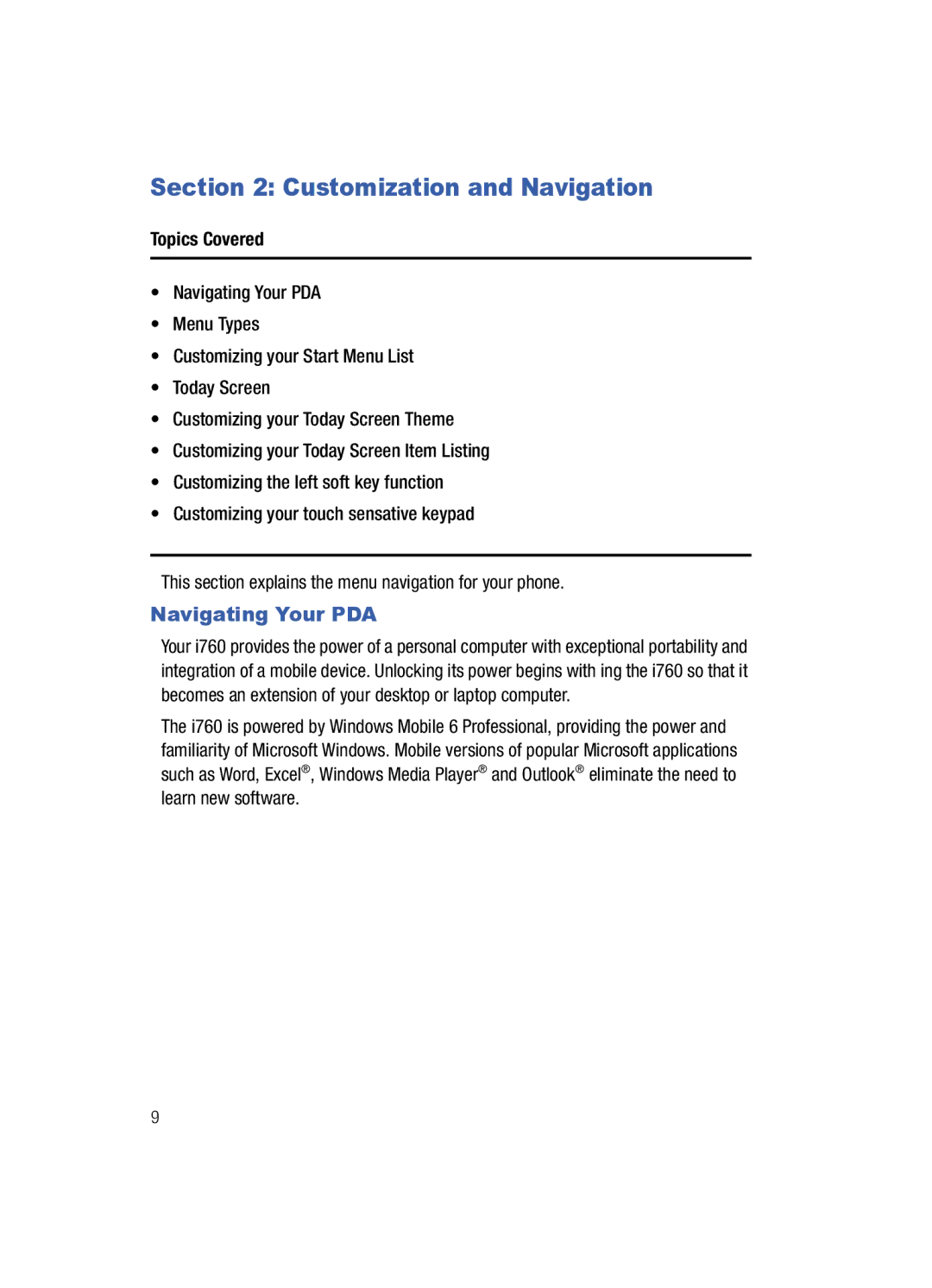 Samsung SCH-i760 user manual Customization and Navigation, Navigating Your PDA 