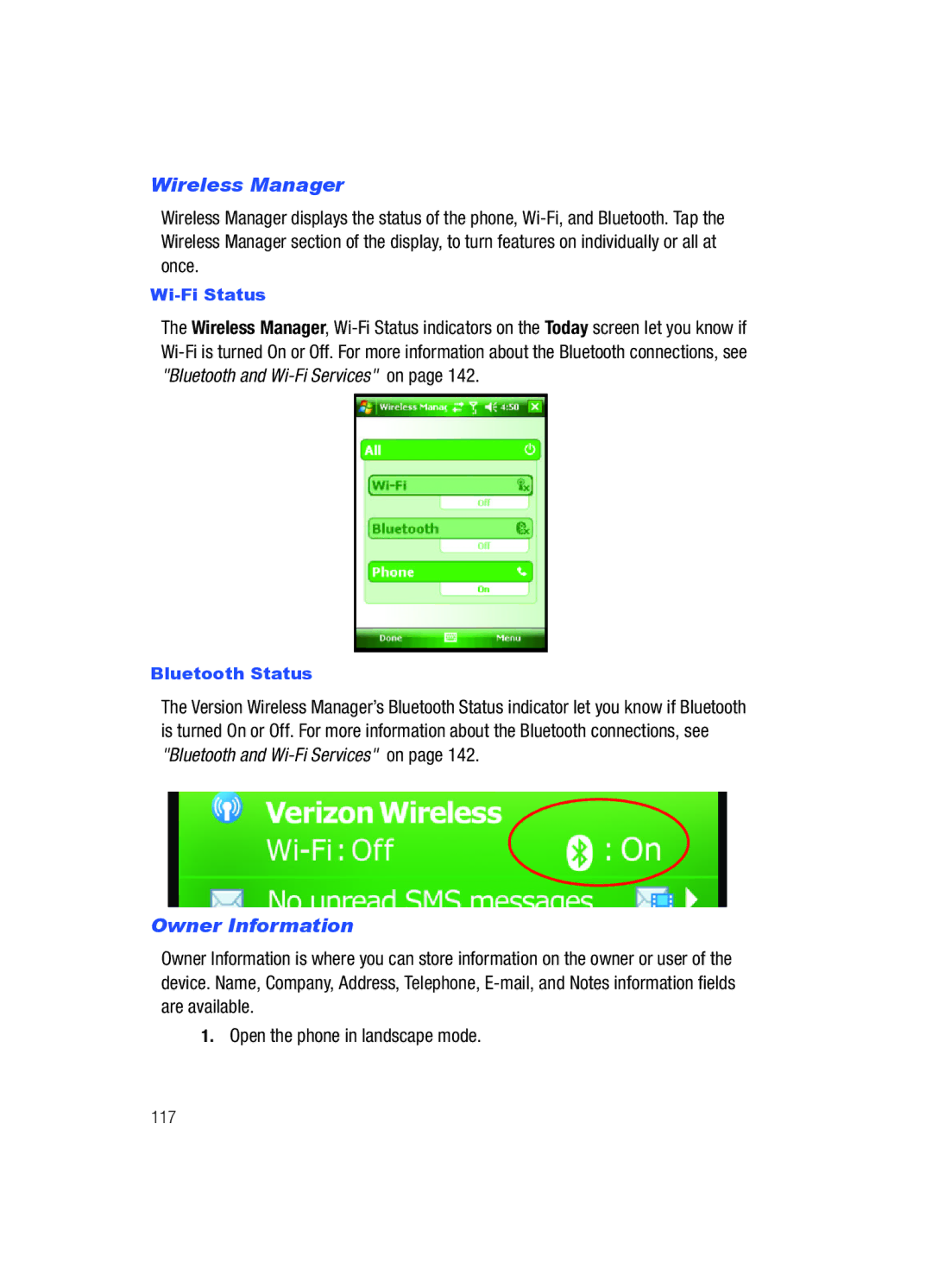 Samsung SCH-i760 user manual Owner Information, Wi-Fi Status 