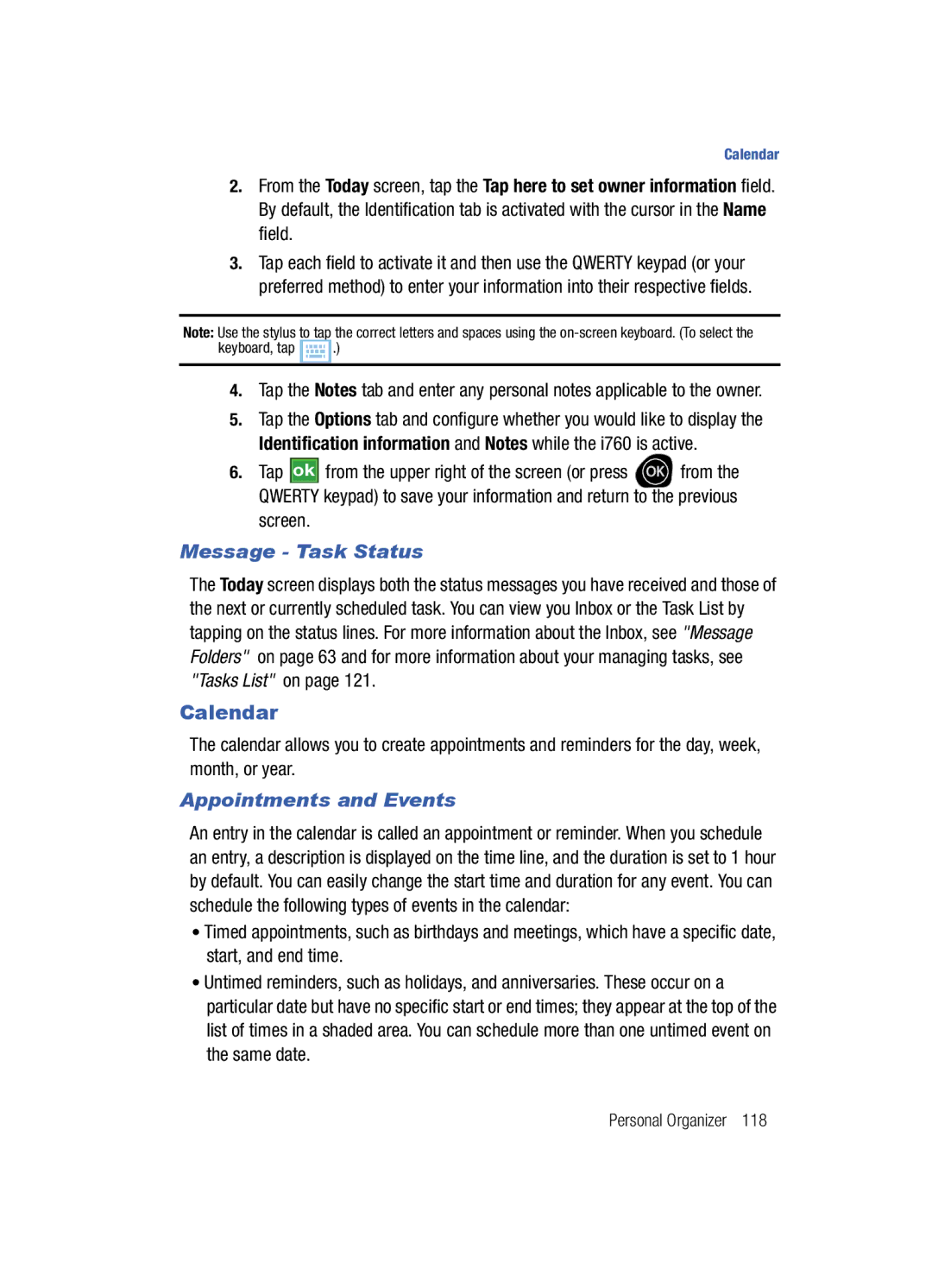 Samsung SCH-i760 user manual Calendar, Message Task Status, Appointments and Events 