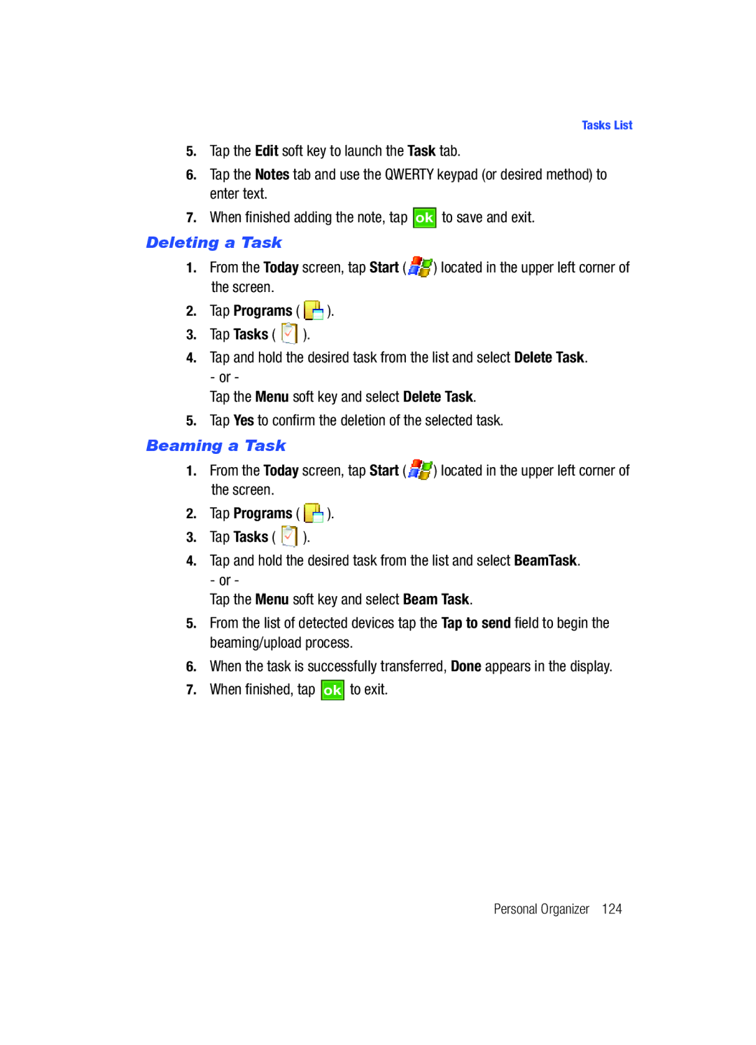 Samsung SCH-i760 user manual Deleting a Task, Beaming a Task 