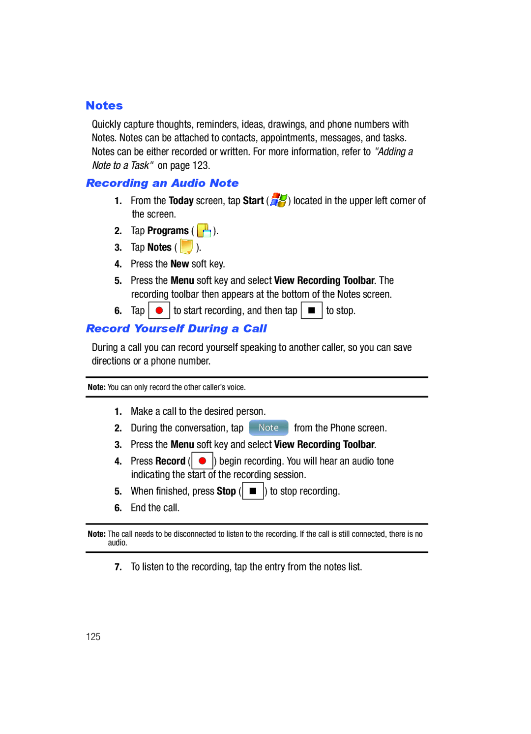 Samsung SCH-i760 Recording an Audio Note, Tap Notes Press the New soft key, Tap to start recording, and then tap 