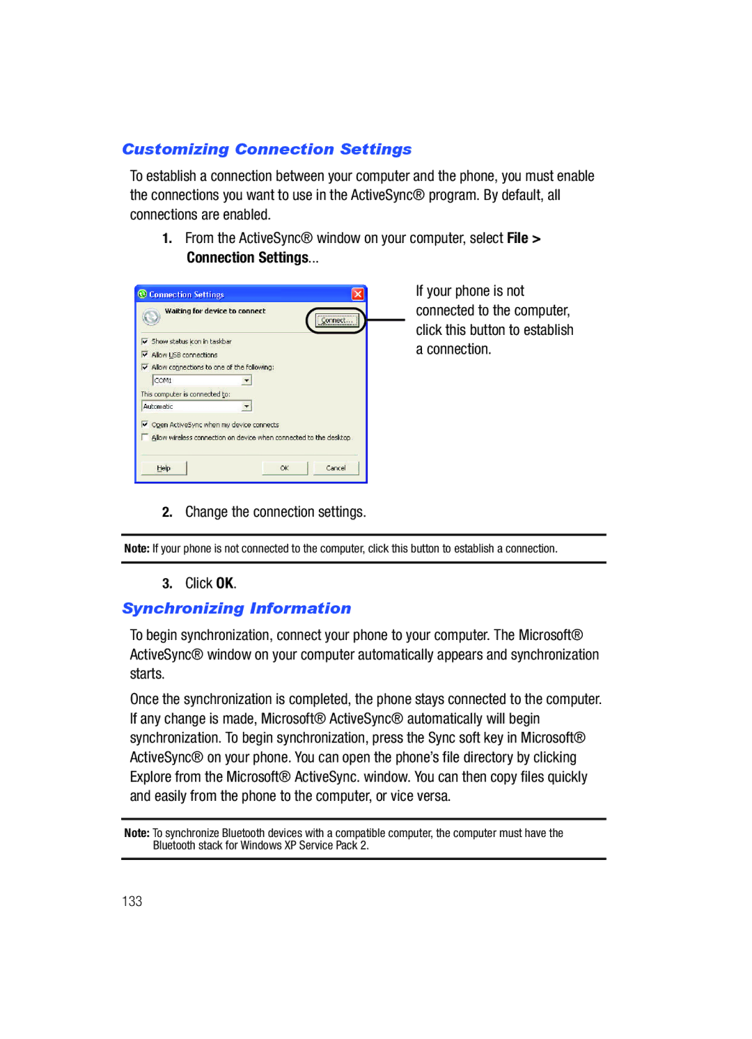 Samsung SCH-i760 Customizing Connection Settings, Change the connection settings Click OK, Synchronizing Information 