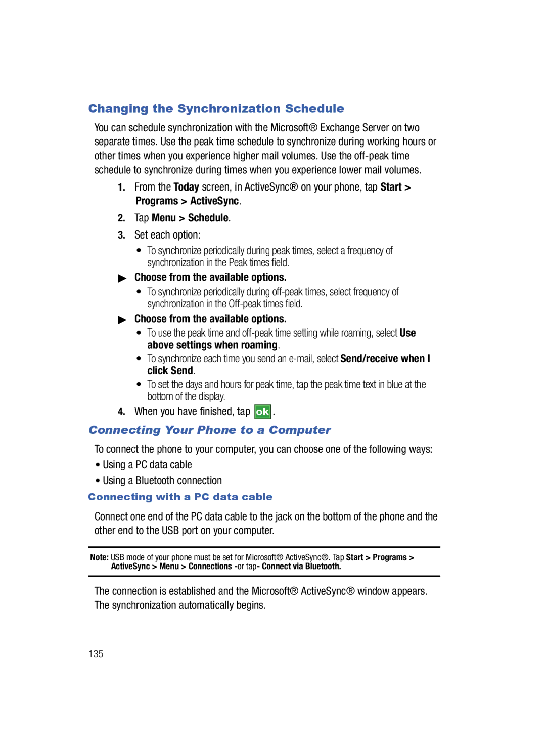 Samsung SCH-i760 user manual Changing the Synchronization Schedule, Tap Menu Schedule, Set each option 