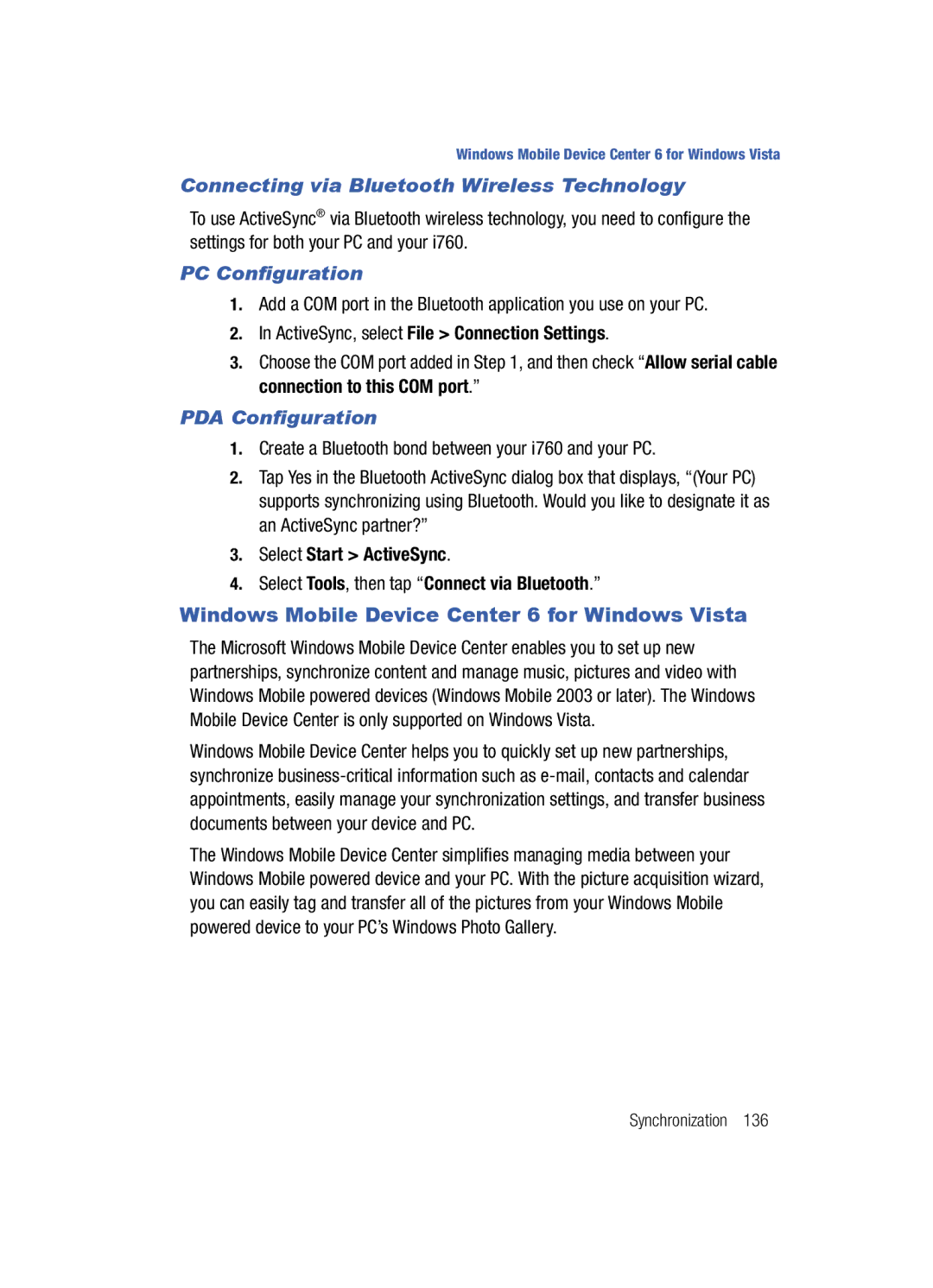 Samsung SCH-i760 user manual Windows Mobile Device Center 6 for Windows Vista, Connecting via Bluetooth Wireless Technology 