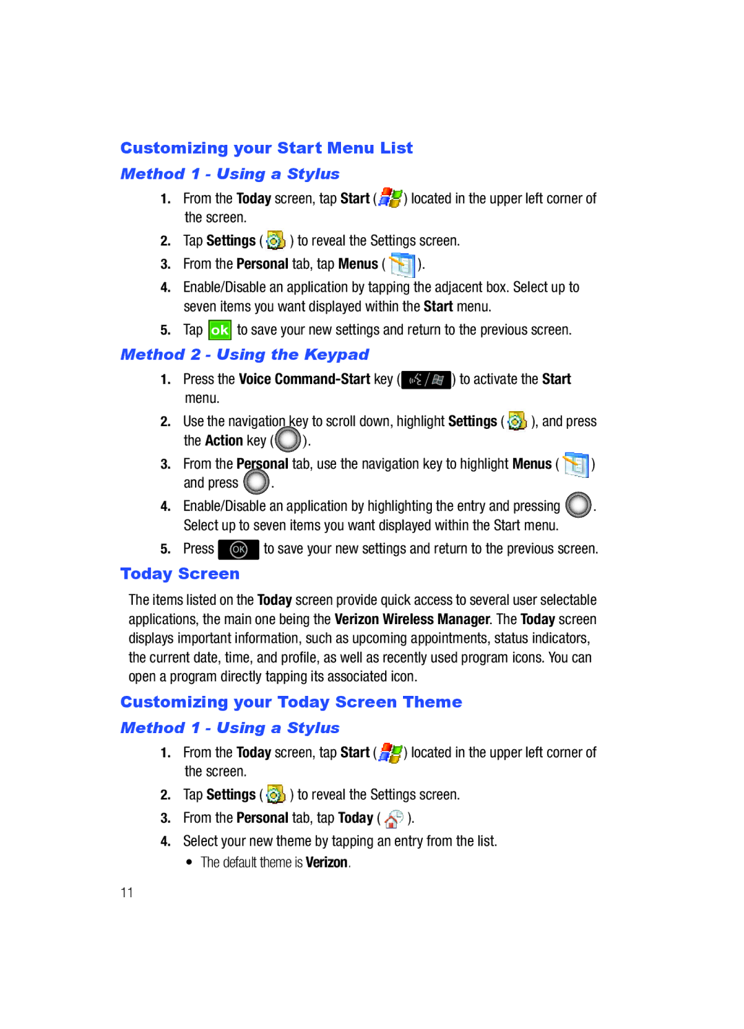 Samsung SCH-i760 Customizing your Start Menu List, Customizing your Today Screen Theme, Method 1 Using a Stylus, Press OK 