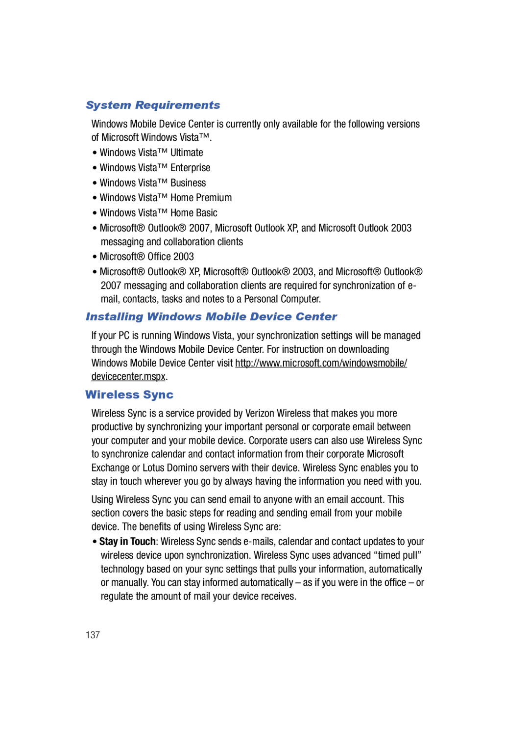 Samsung SCH-i760 user manual Wireless Sync, System Requirements, Installing Windows Mobile Device Center 