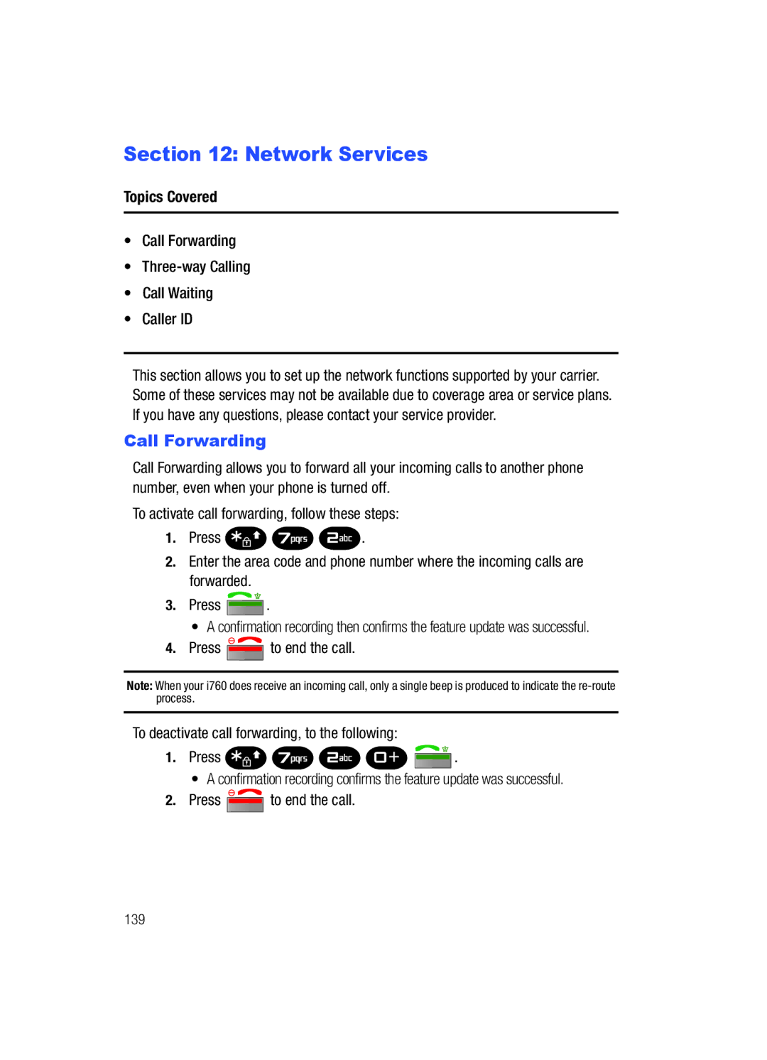 Samsung SCH-i760 user manual Network Services, Call Forwarding Three-way Calling Call Waiting Caller ID 