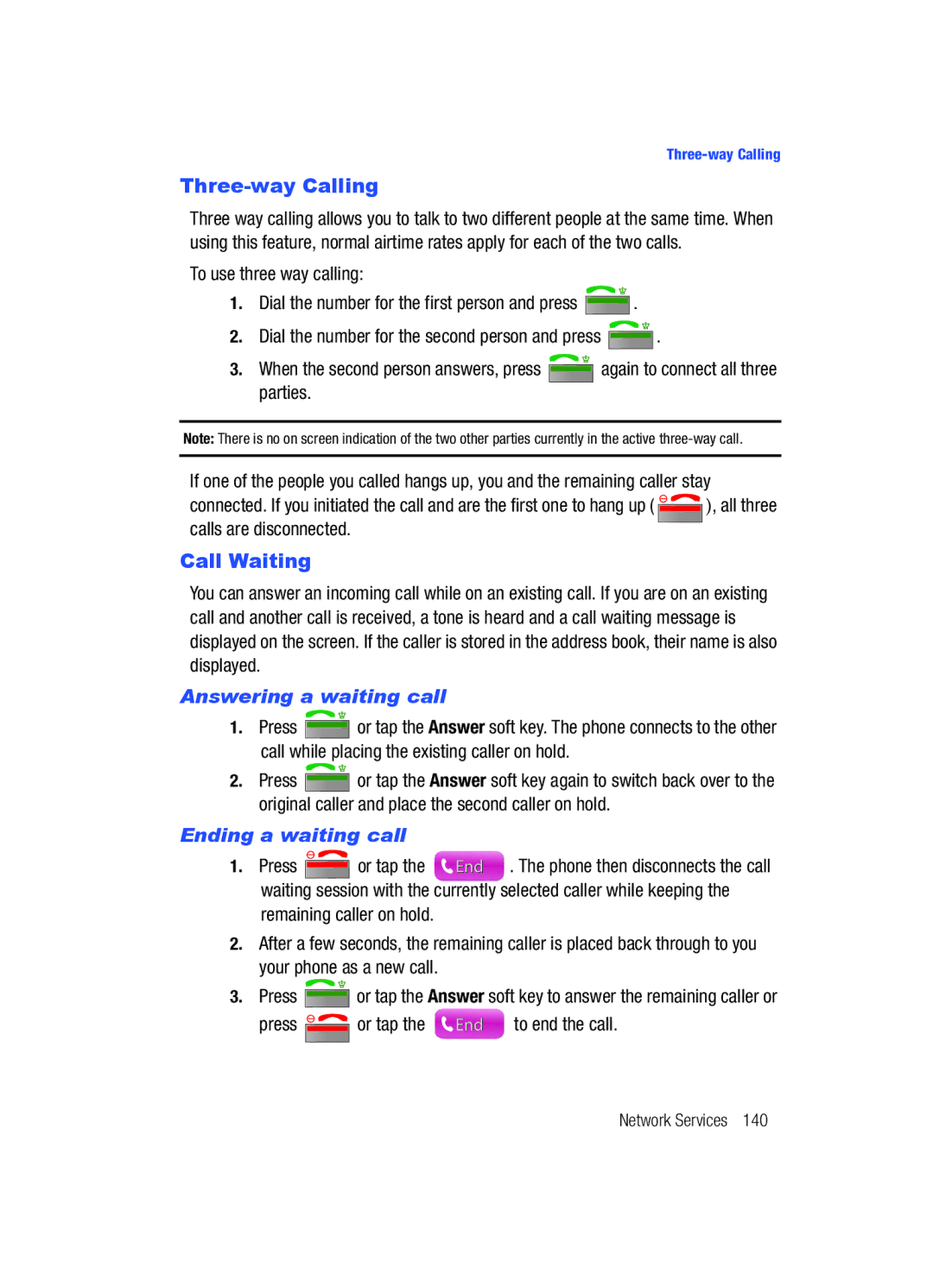 Samsung SCH-i760 user manual Three-way Calling, Call Waiting, Answering a waiting call, Ending a waiting call, Press Or tap 