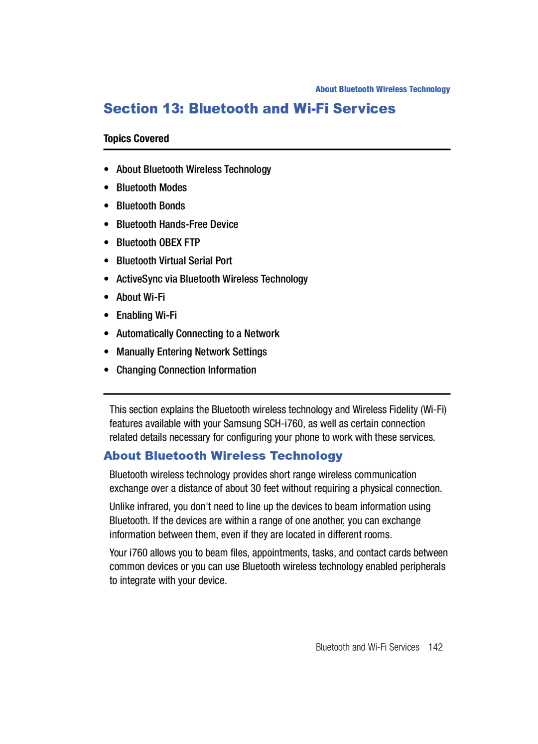 Samsung SCH-i760 user manual Bluetooth and Wi-Fi Services, About Bluetooth Wireless Technology 