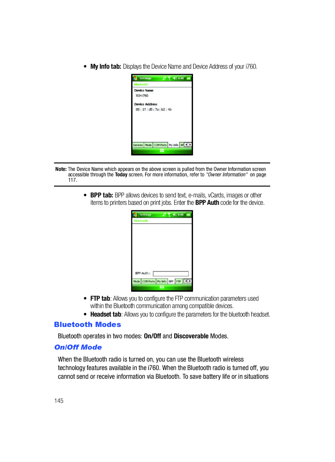 Samsung SCH-i760 user manual Bluetooth Modes, On/Off Mode 