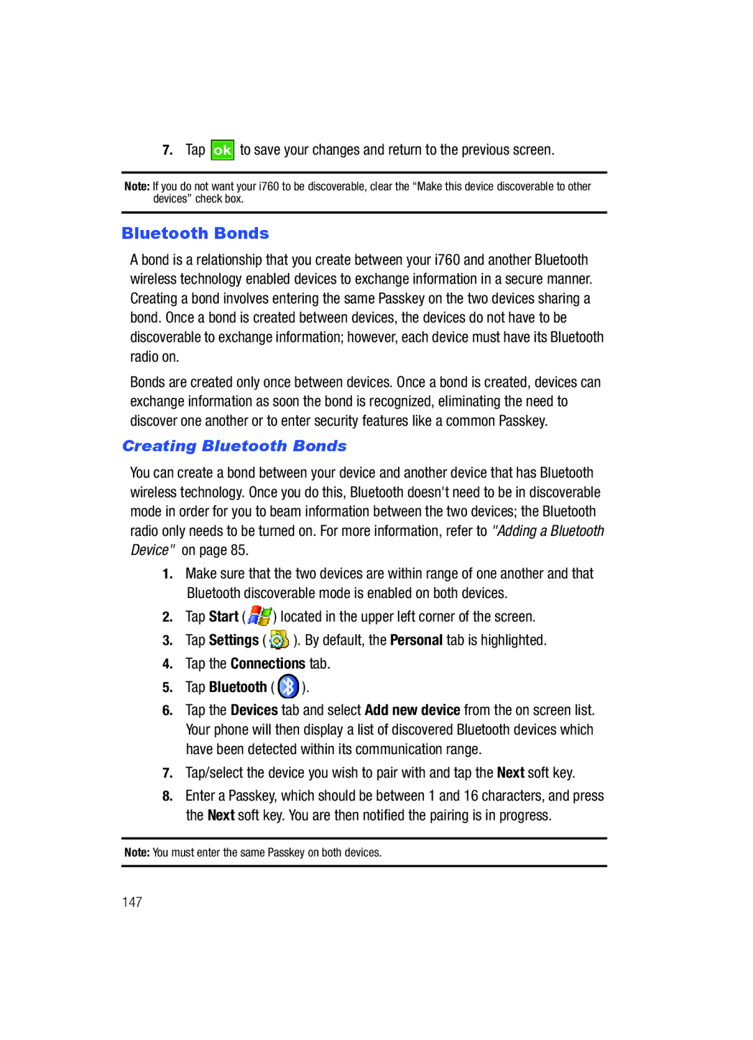 Samsung SCH-i760 user manual Creating Bluetooth Bonds 