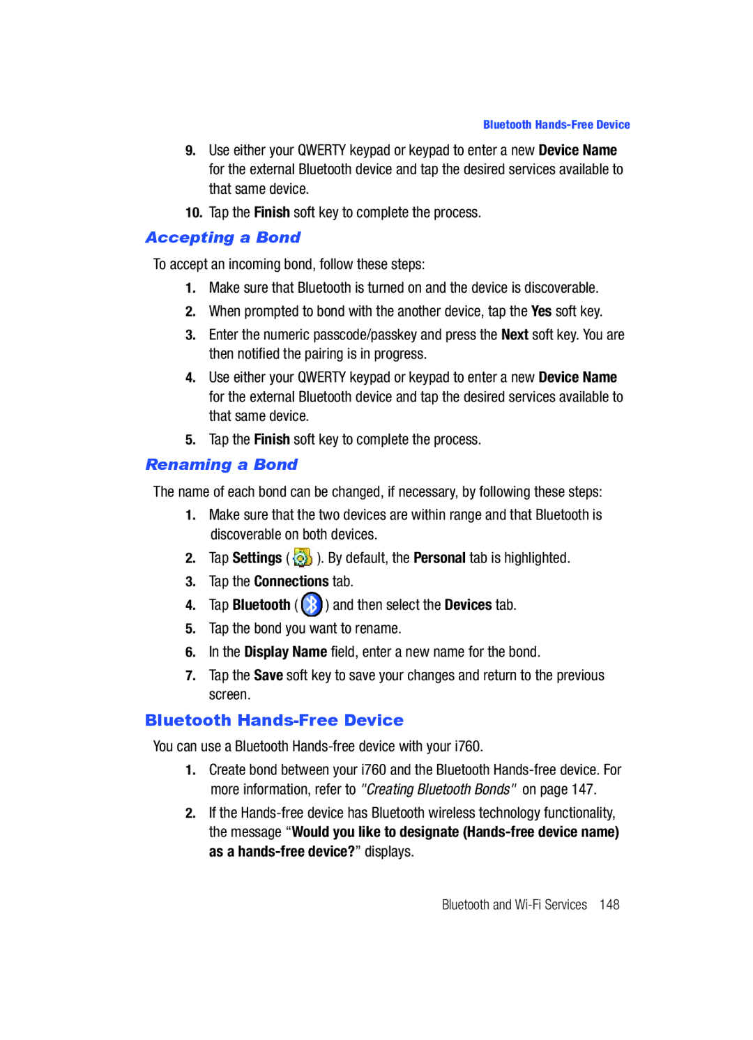 Samsung SCH-i760 user manual Bluetooth Hands-Free Device, Accepting a Bond, Renaming a Bond 