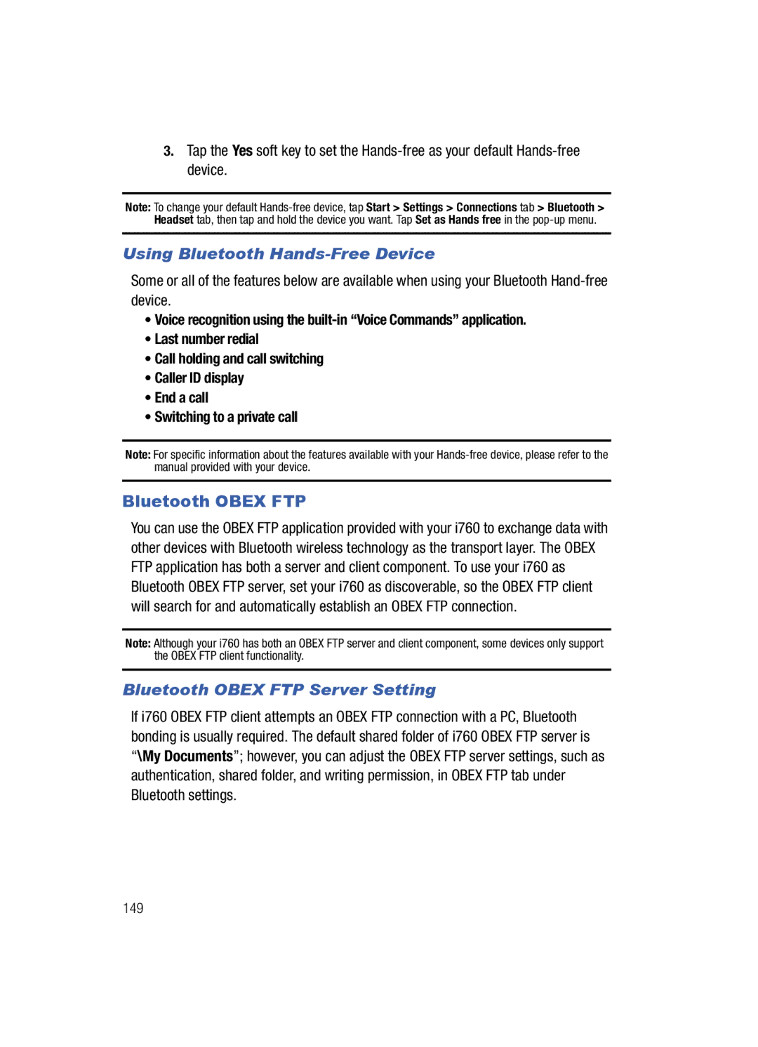 Samsung SCH-i760 user manual Using Bluetooth Hands-Free Device, Bluetooth Obex FTP Server Setting 