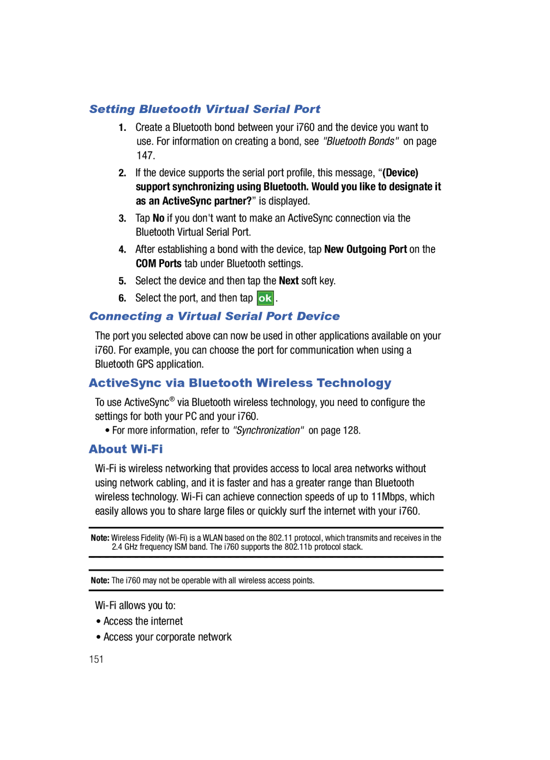 Samsung SCH-i760 ActiveSync via Bluetooth Wireless Technology, About Wi-Fi, Setting Bluetooth Virtual Serial Port 