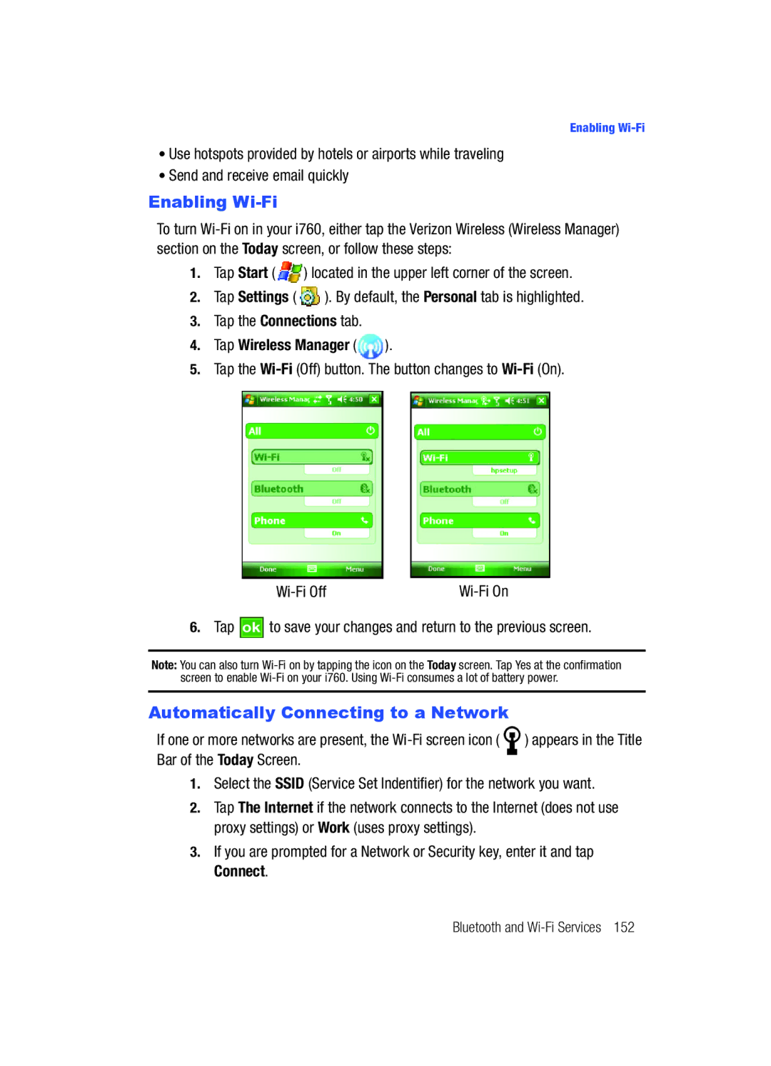 Samsung SCH-i760 user manual Enabling Wi-Fi, Automatically Connecting to a Network, Tap Wireless Manager 