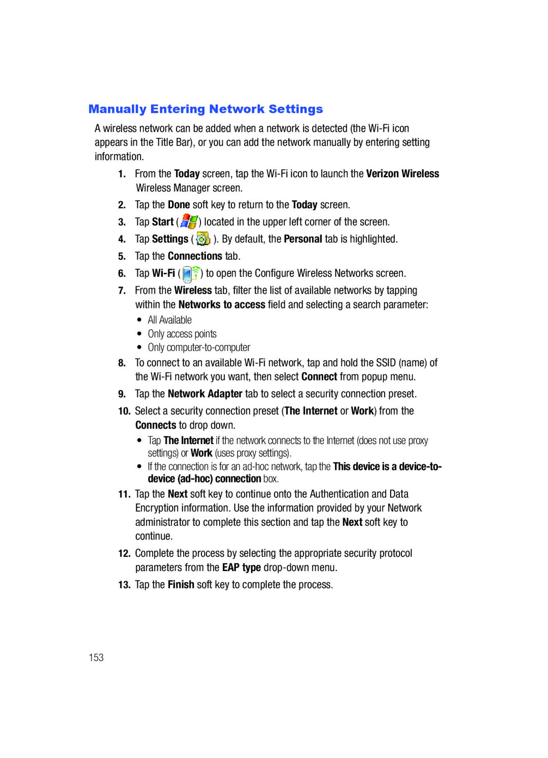 Samsung SCH-i760 user manual Manually Entering Network Settings, All Available Only access points Only computer-to-computer 