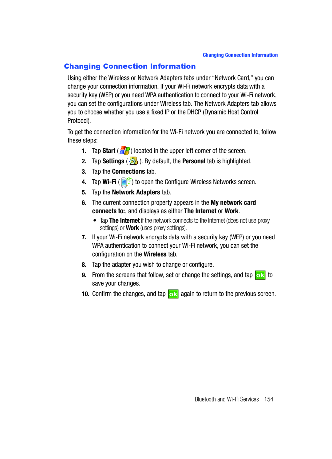 Samsung SCH-i760 user manual Changing Connection Information, Tap the Network Adapters tab 