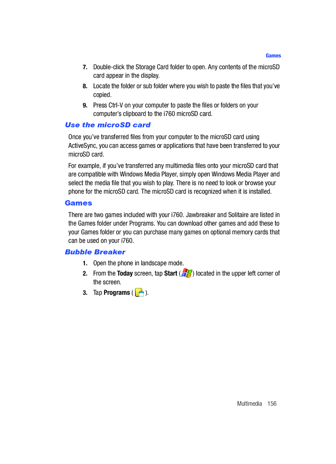 Samsung SCH-i760 user manual Games, Use the microSD card, Bubble Breaker 