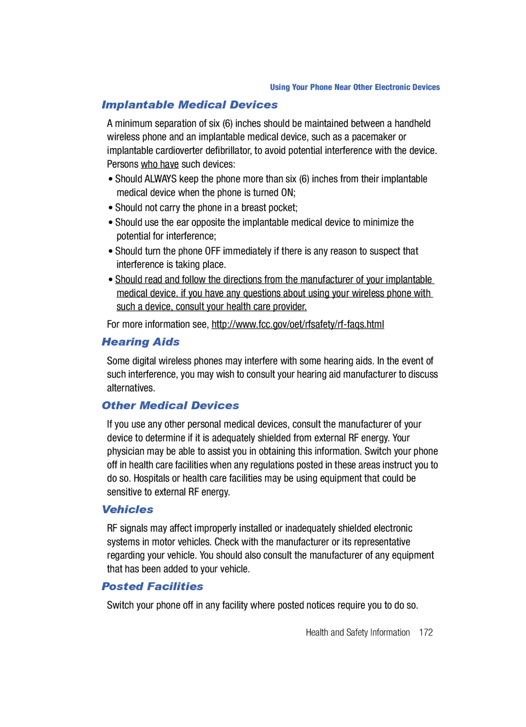 Samsung SCH-i760 user manual Implantable Medical Devices, Hearing Aids, Other Medical Devices, Vehicles, Posted Facilities 