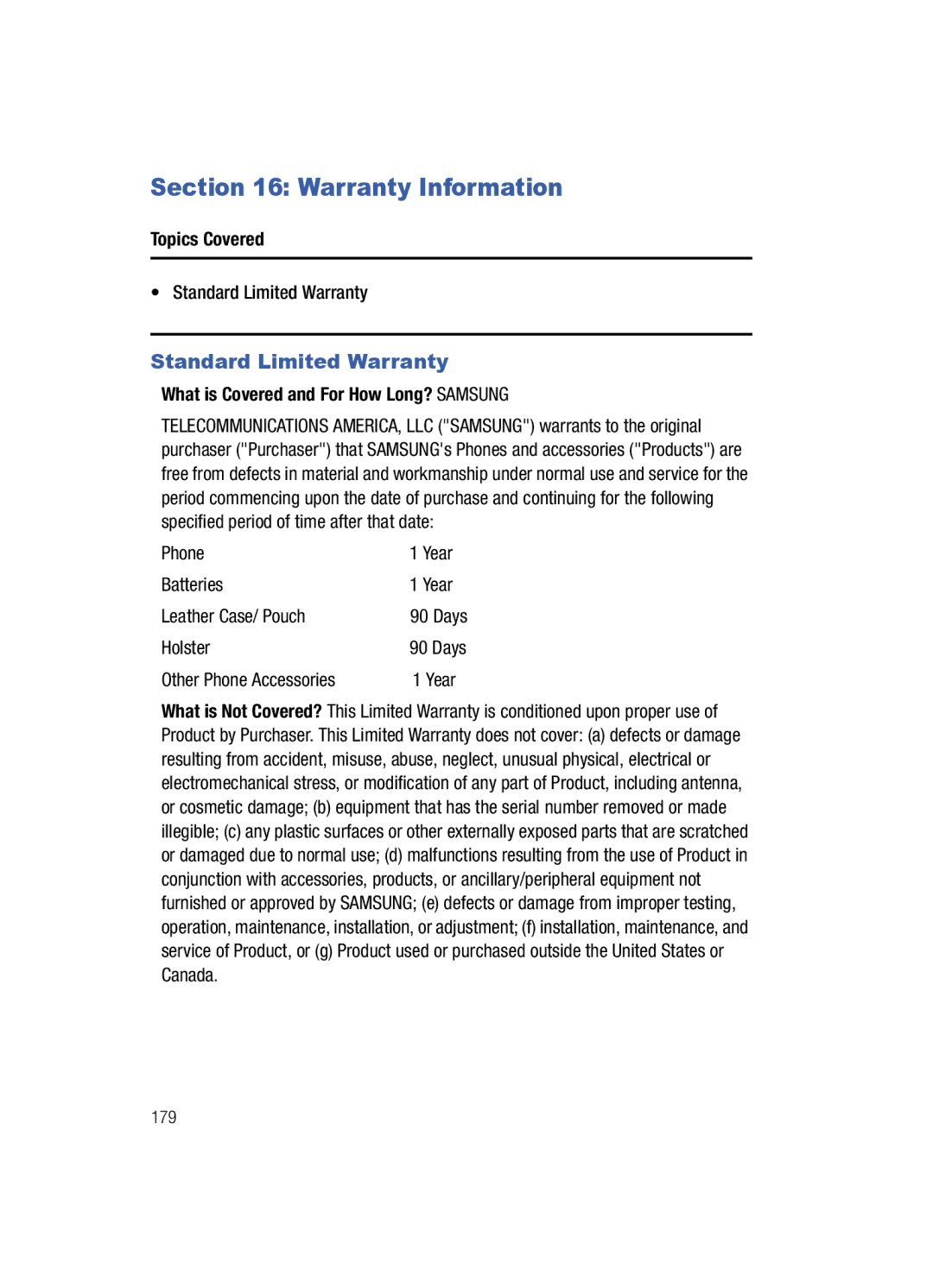 Samsung SCH-i760 user manual Warranty Information, Standard Limited Warranty, What is Covered and For How Long? Samsung 