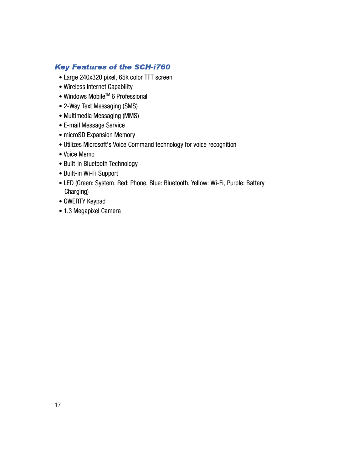 Samsung user manual Key Features of the SCH-i760 