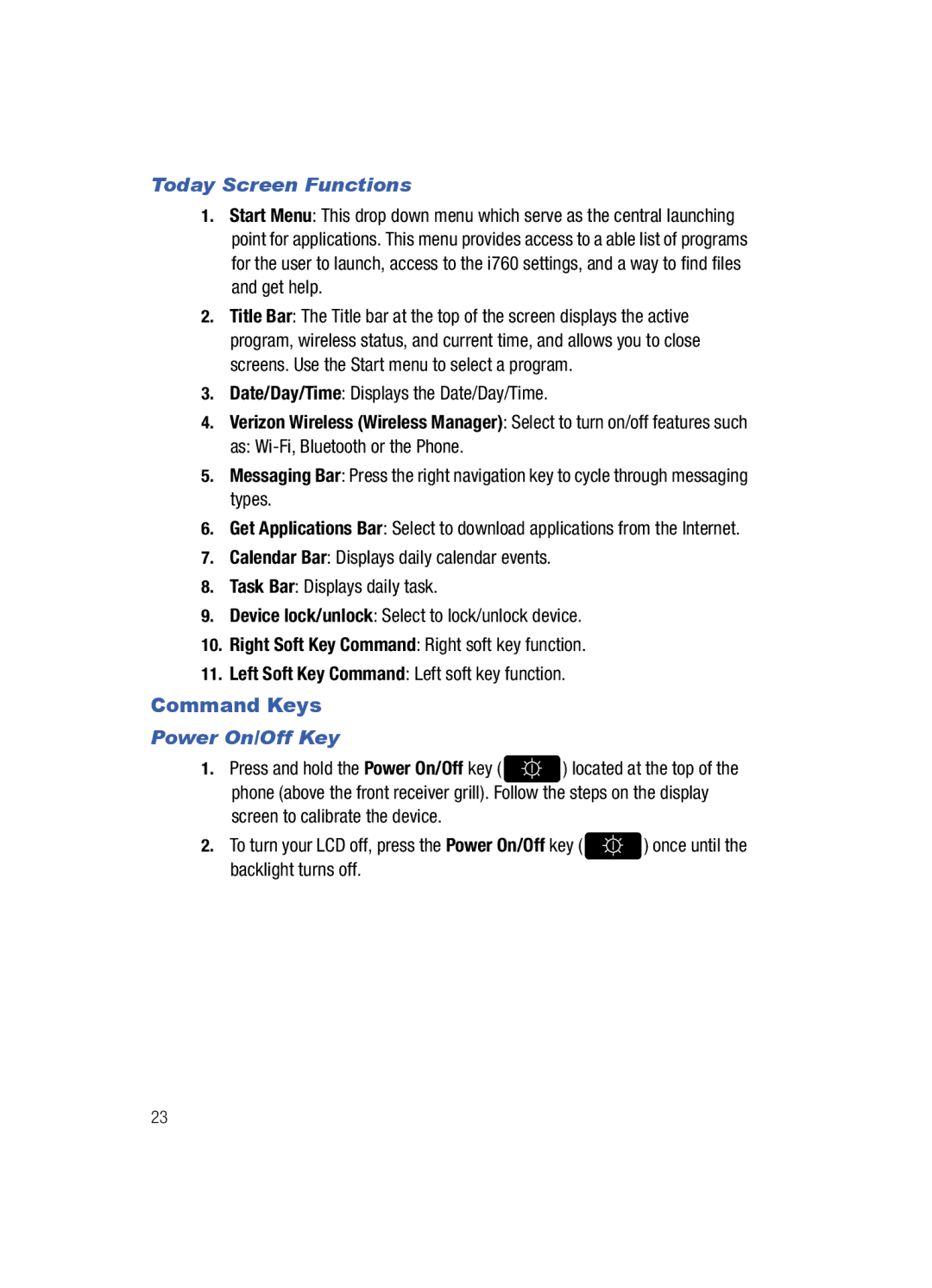 Samsung SCH-i760 user manual Command Keys, Today Screen Functions, Power On/Off Key 