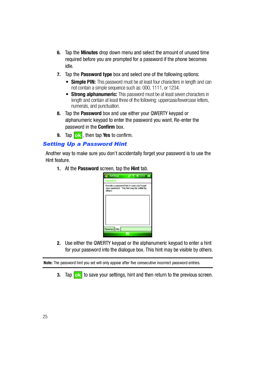 Samsung SCH-i760 user manual Setting Up a Password Hint 