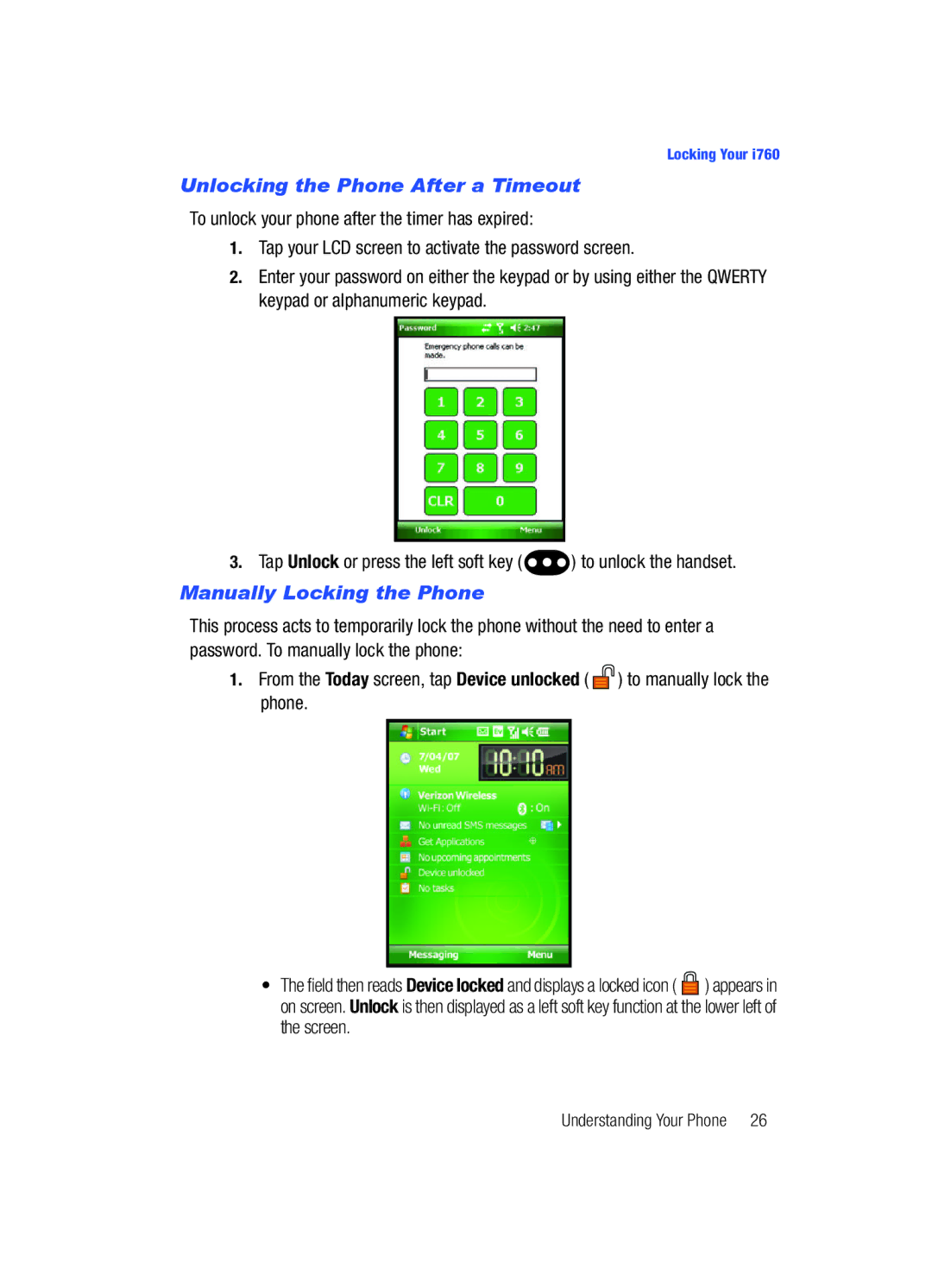 Samsung SCH-i760 user manual Unlocking the Phone After a Timeout, Manually Locking the Phone 