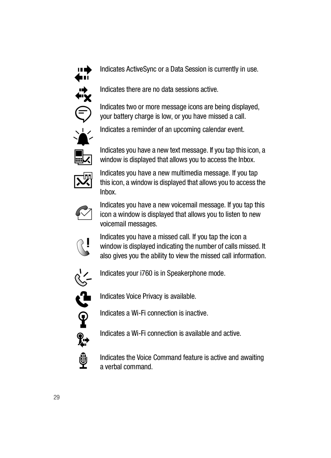 Samsung SCH-i760 user manual Indicates a reminder of an upcoming calendar event 