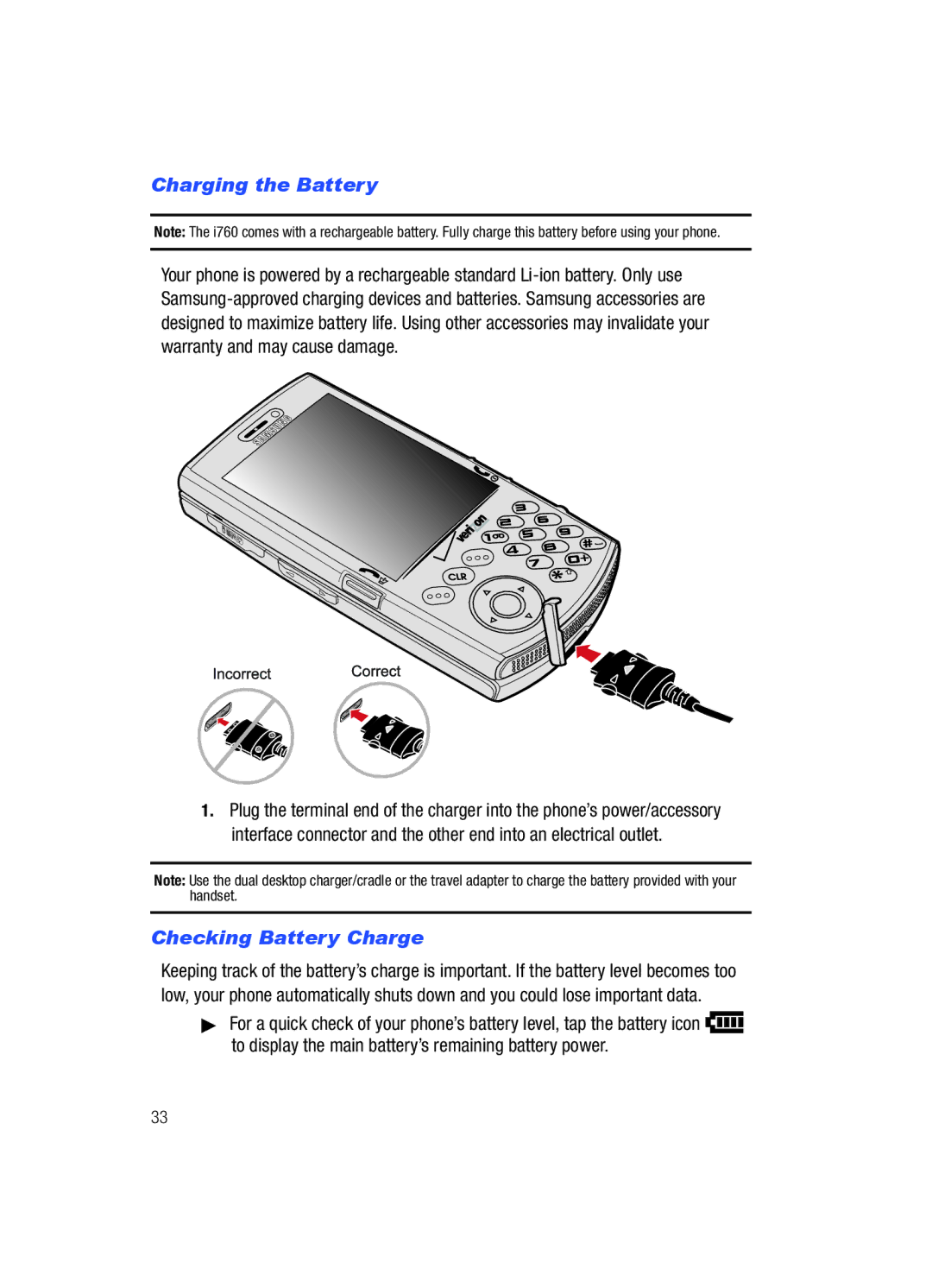 Samsung SCH-i760 user manual Charging the Battery, Checking Battery Charge 