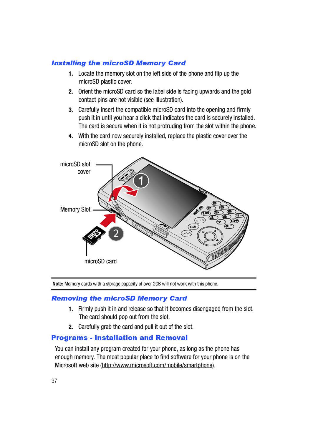 Samsung SCH-i760 Programs Installation and Removal, Installing the microSD Memory Card, Memory Slot MicroSD card 