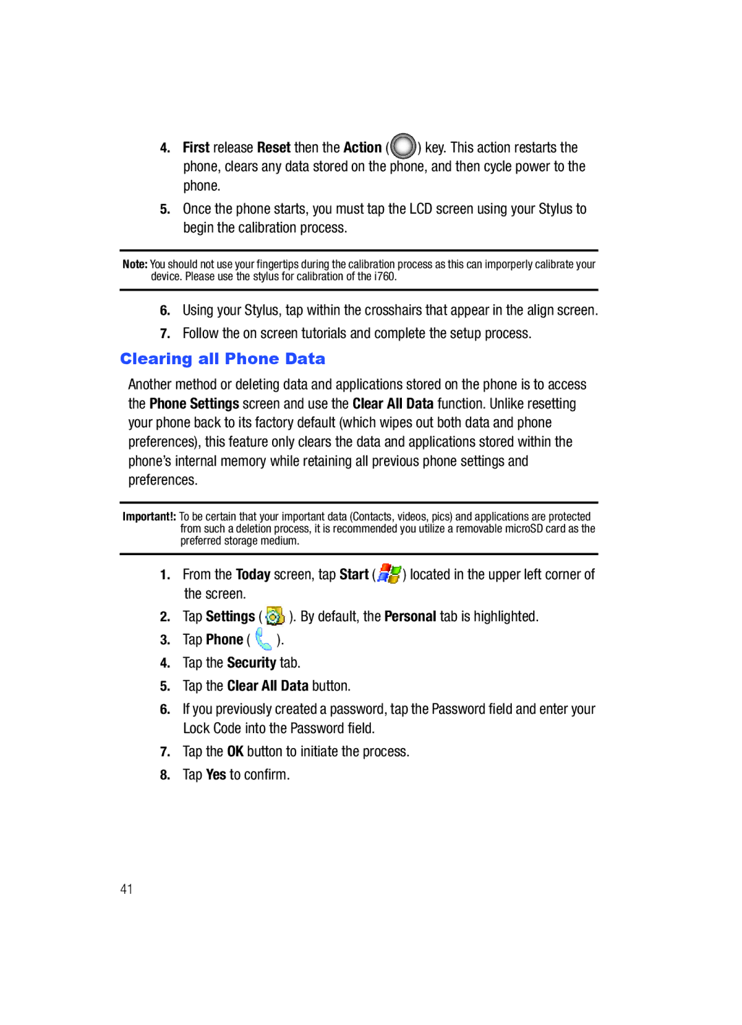 Samsung SCH-i760 user manual Clearing all Phone Data 