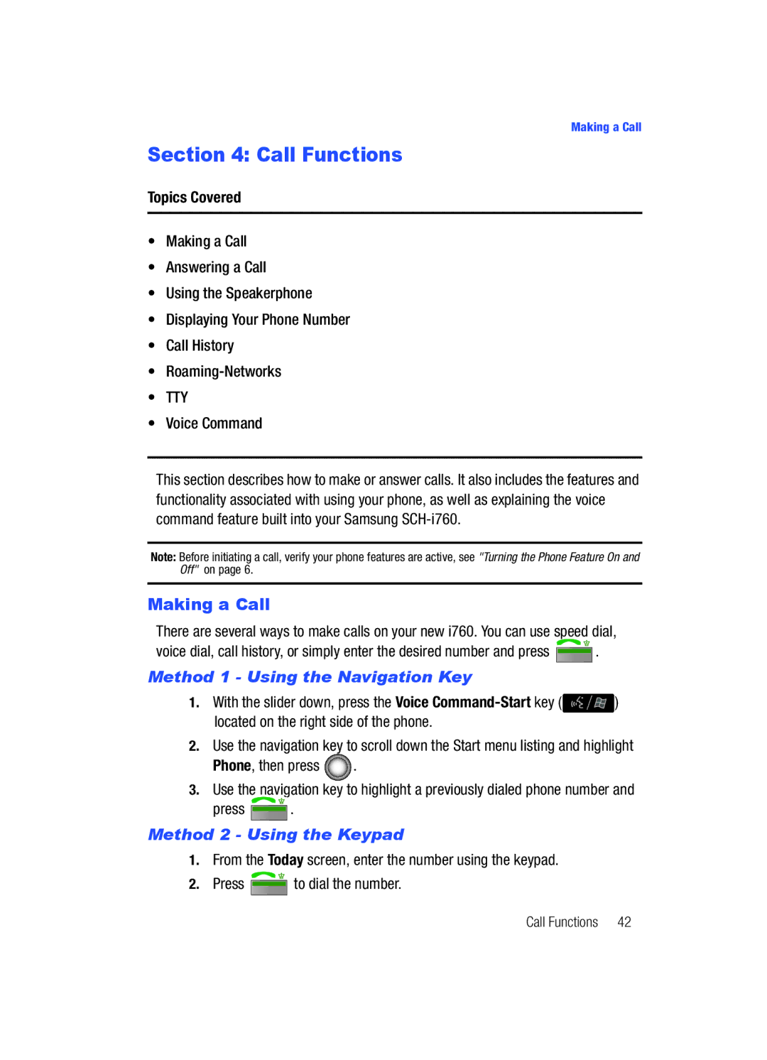 Samsung SCH-i760 user manual Call Functions, Making a Call, Voice Command, Method 1 Using the Navigation Key 