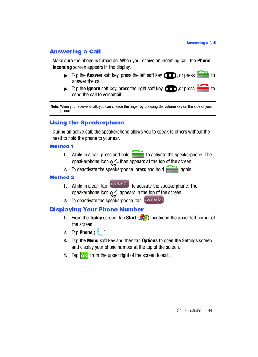 Samsung SCH-i760 user manual Answering a Call, Using the Speakerphone, Displaying Your Phone Number 