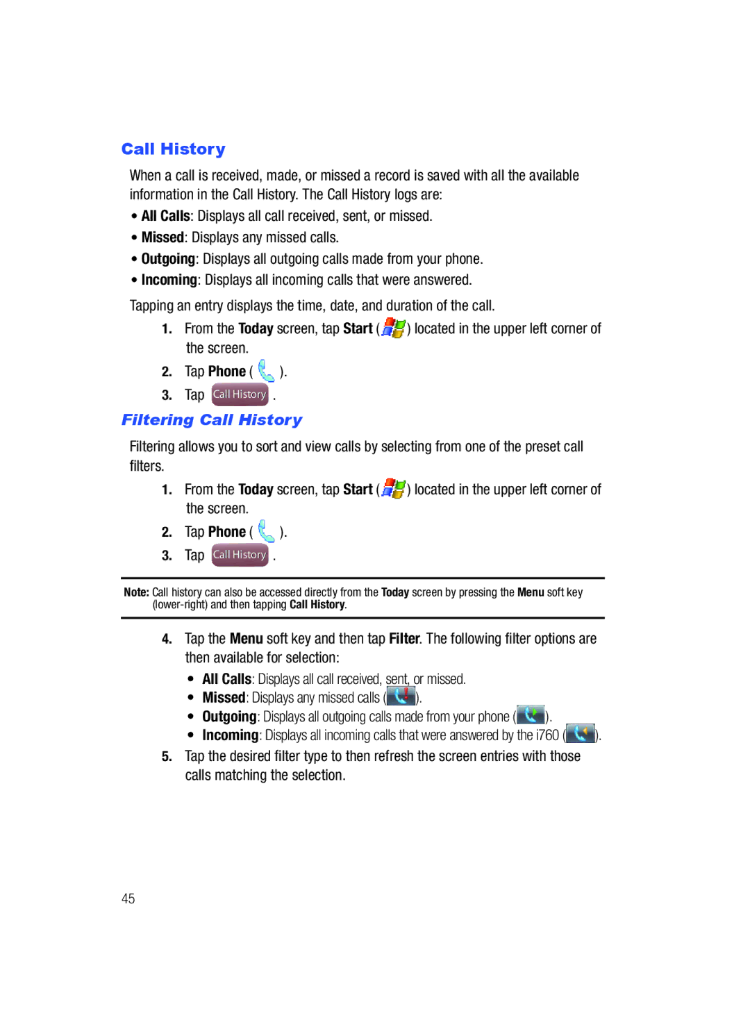 Samsung SCH-i760 user manual Filtering Call History 