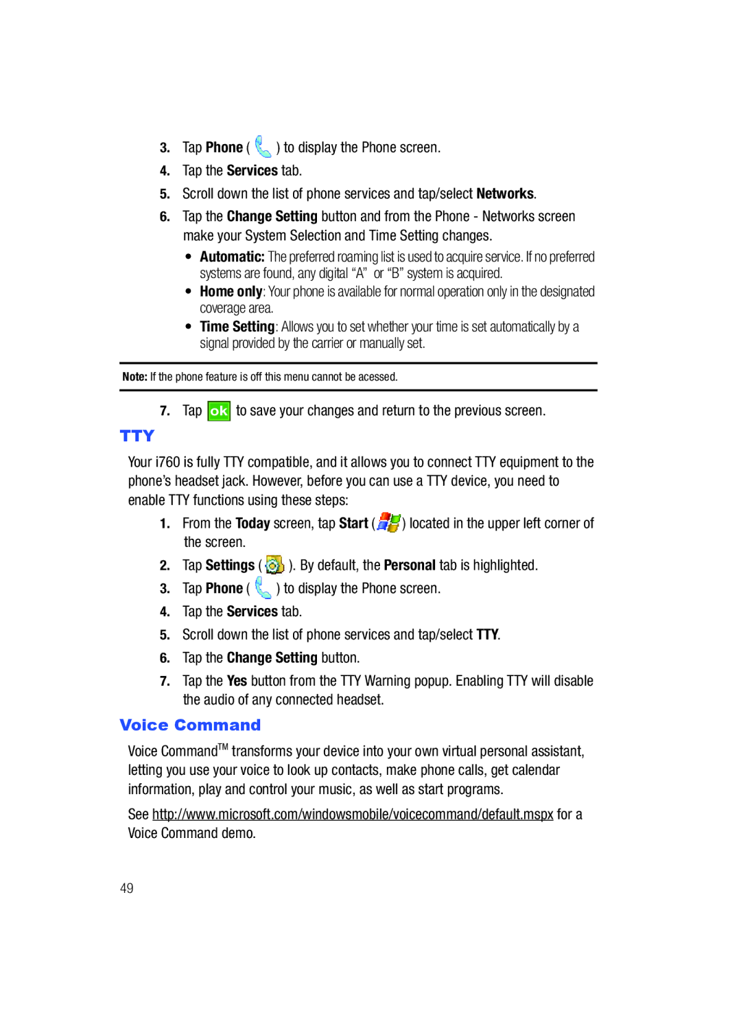 Samsung SCH-i760 user manual Tty, Voice Command 