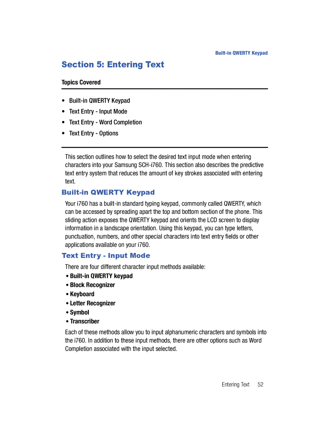 Samsung SCH-i760 user manual Entering Text, Built-in Qwerty Keypad, Text Entry Input Mode 