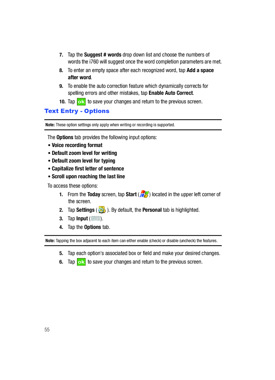 Samsung SCH-i760 user manual Text Entry Options, Options tab provides the following input options 