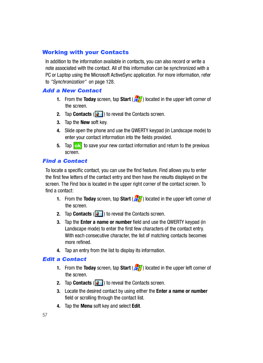 Samsung SCH-i760 user manual Working with your Contacts, Add a New Contact, Find a Contact, Edit a Contact 