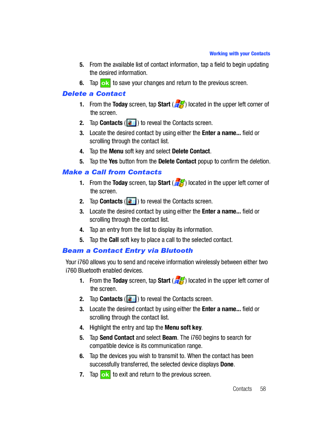 Samsung SCH-i760 user manual Delete a Contact, Make a Call from Contacts, Beam a Contact Entry via Blutooth 