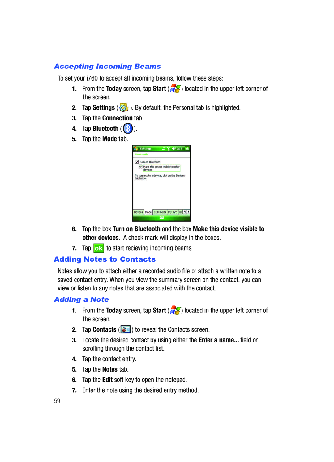 Samsung SCH-i760 user manual Adding Notes to Contacts, Accepting Incoming Beams, Tap Bluetooth, Adding a Note 