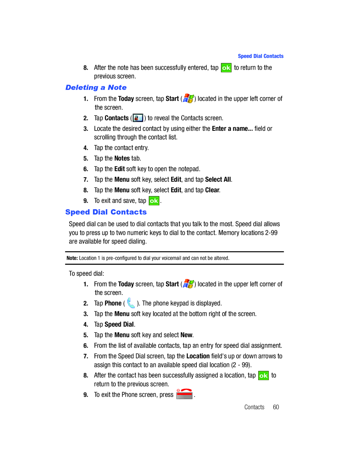 Samsung SCH-i760 user manual Speed Dial Contacts, Deleting a Note, Tap Speed Dial 