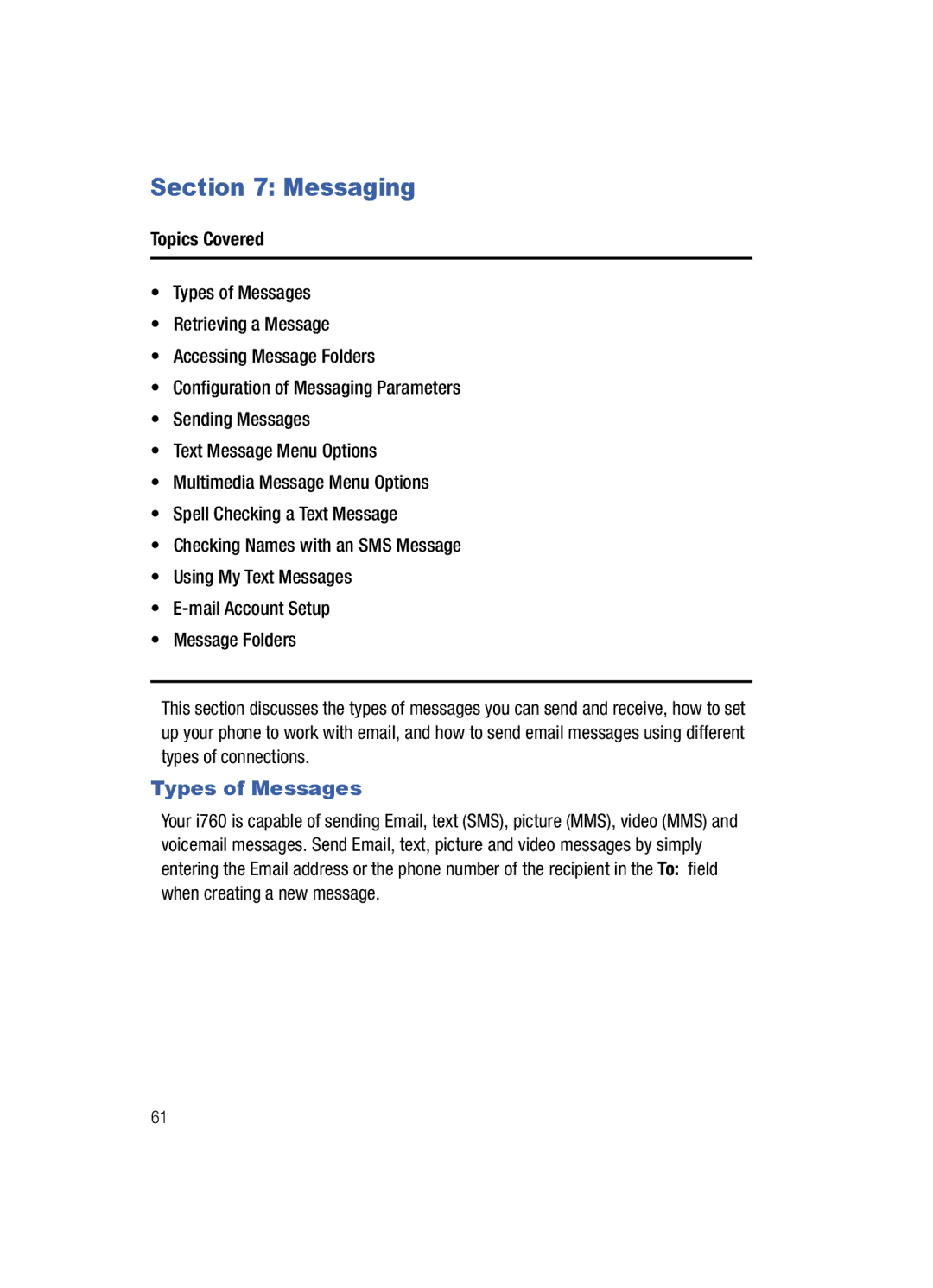 Samsung SCH-i760 user manual Messaging, Types of Messages 