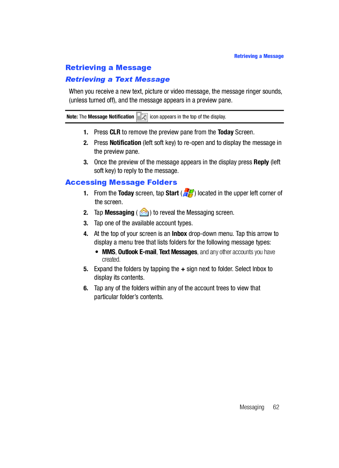 Samsung SCH-i760 user manual Retrieving a Message, Accessing Message Folders, Retrieving a Text Message 