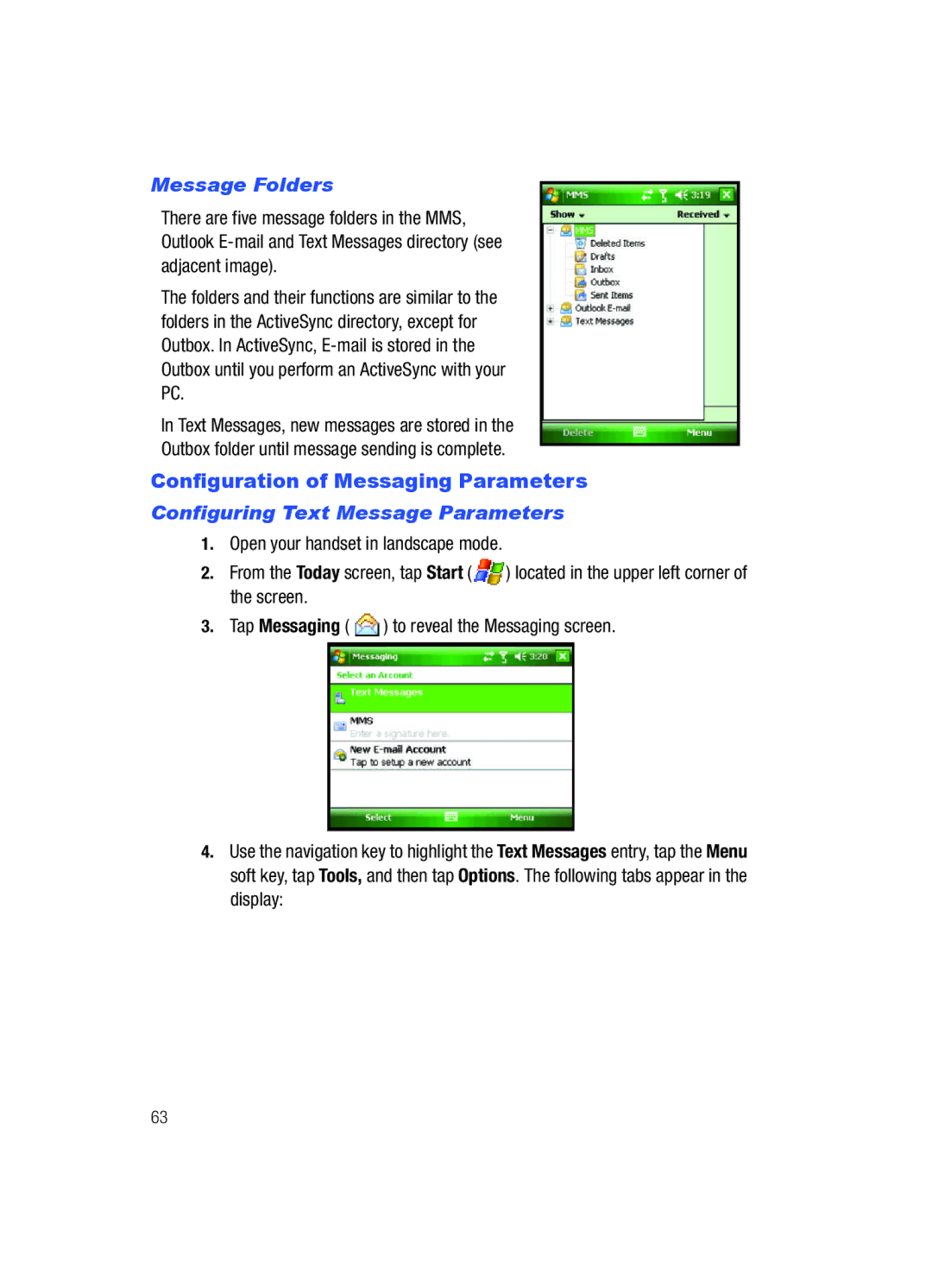 Samsung SCH-i760 user manual Configuration of Messaging Parameters, Message Folders, Configuring Text Message Parameters 