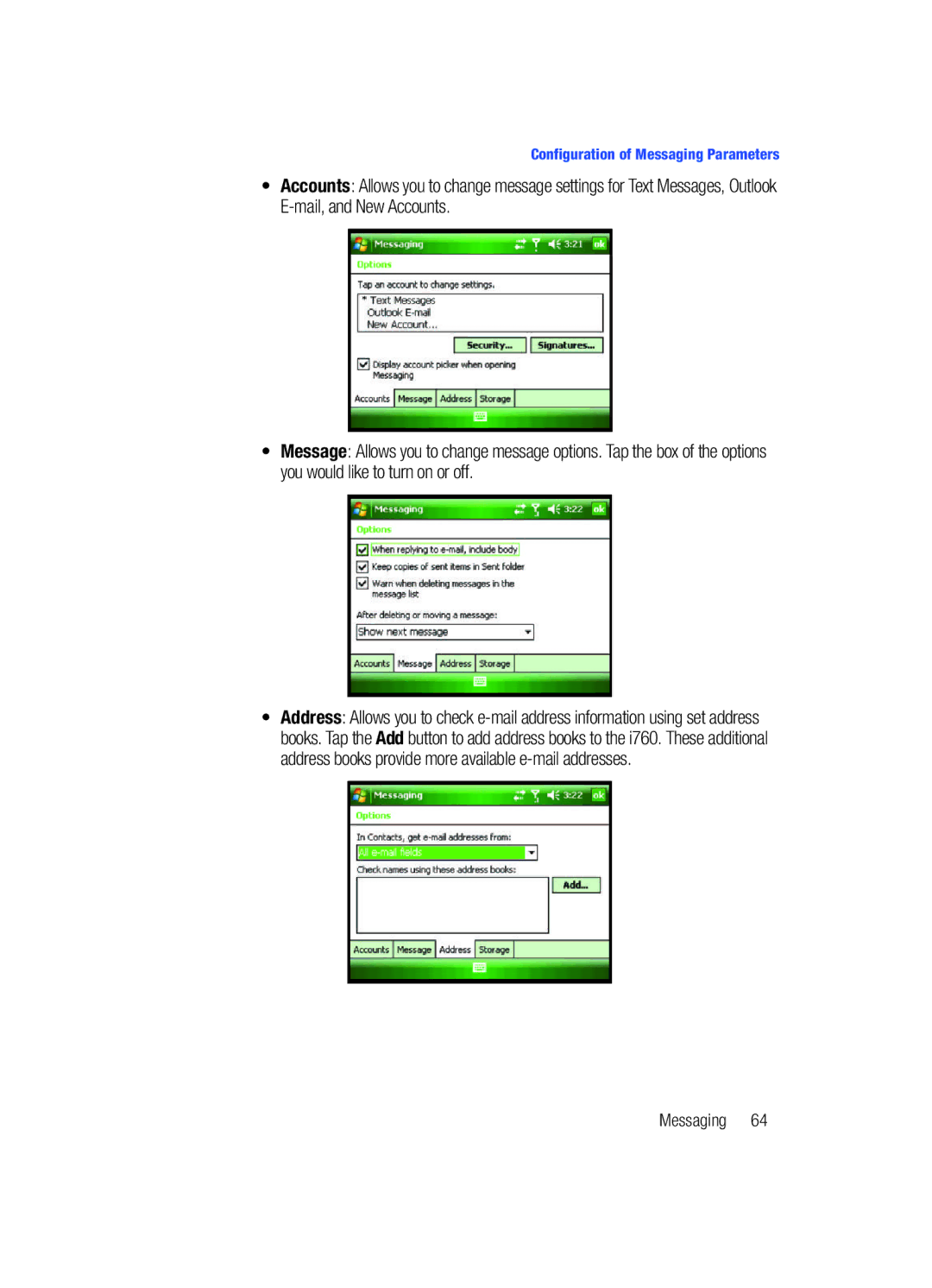 Samsung SCH-i760 user manual Configuration of Messaging Parameters 