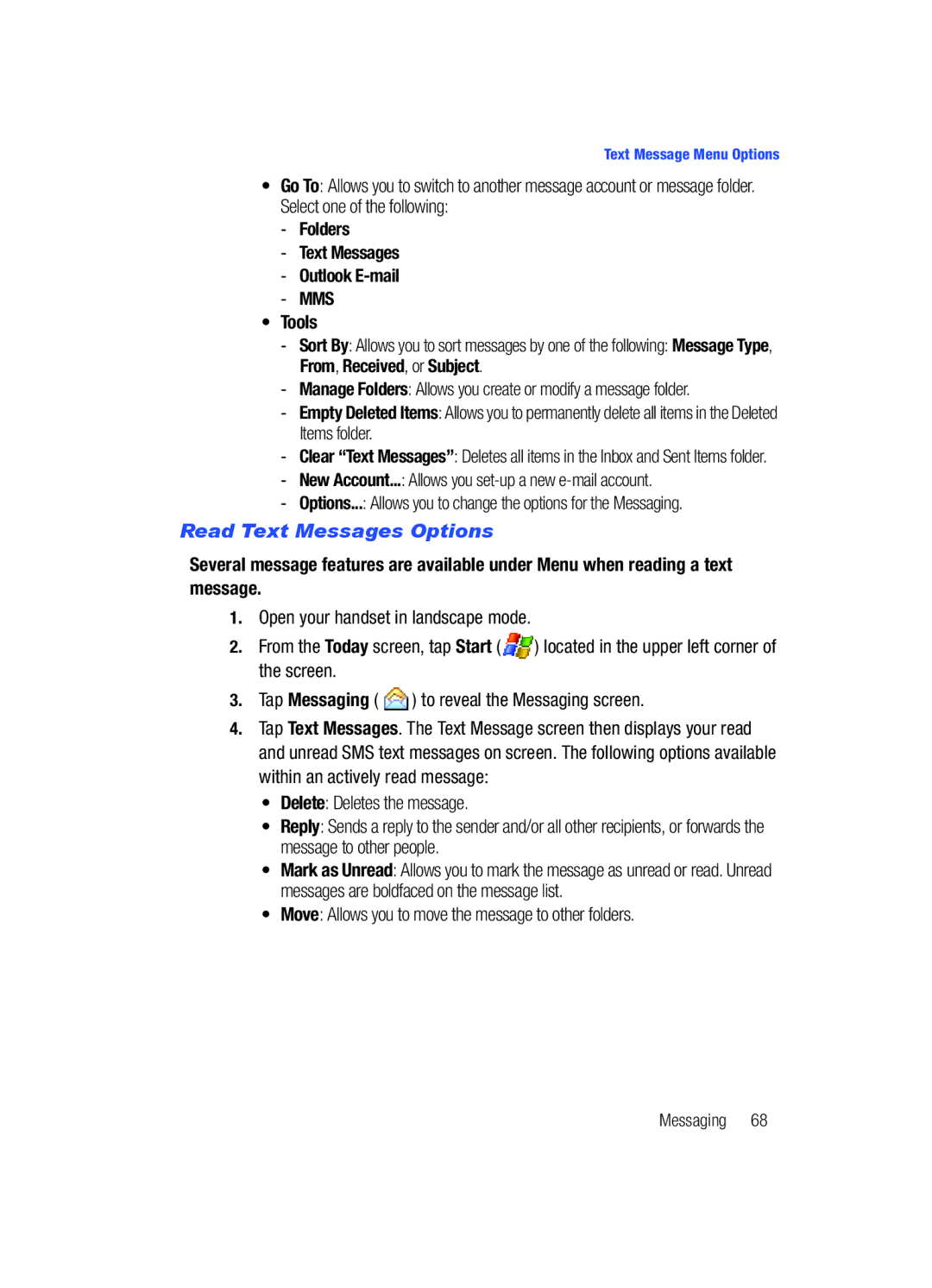 Samsung SCH-i760 user manual Folders Text Messages Outlook E-mail, Tools, Read Text Messages Options 