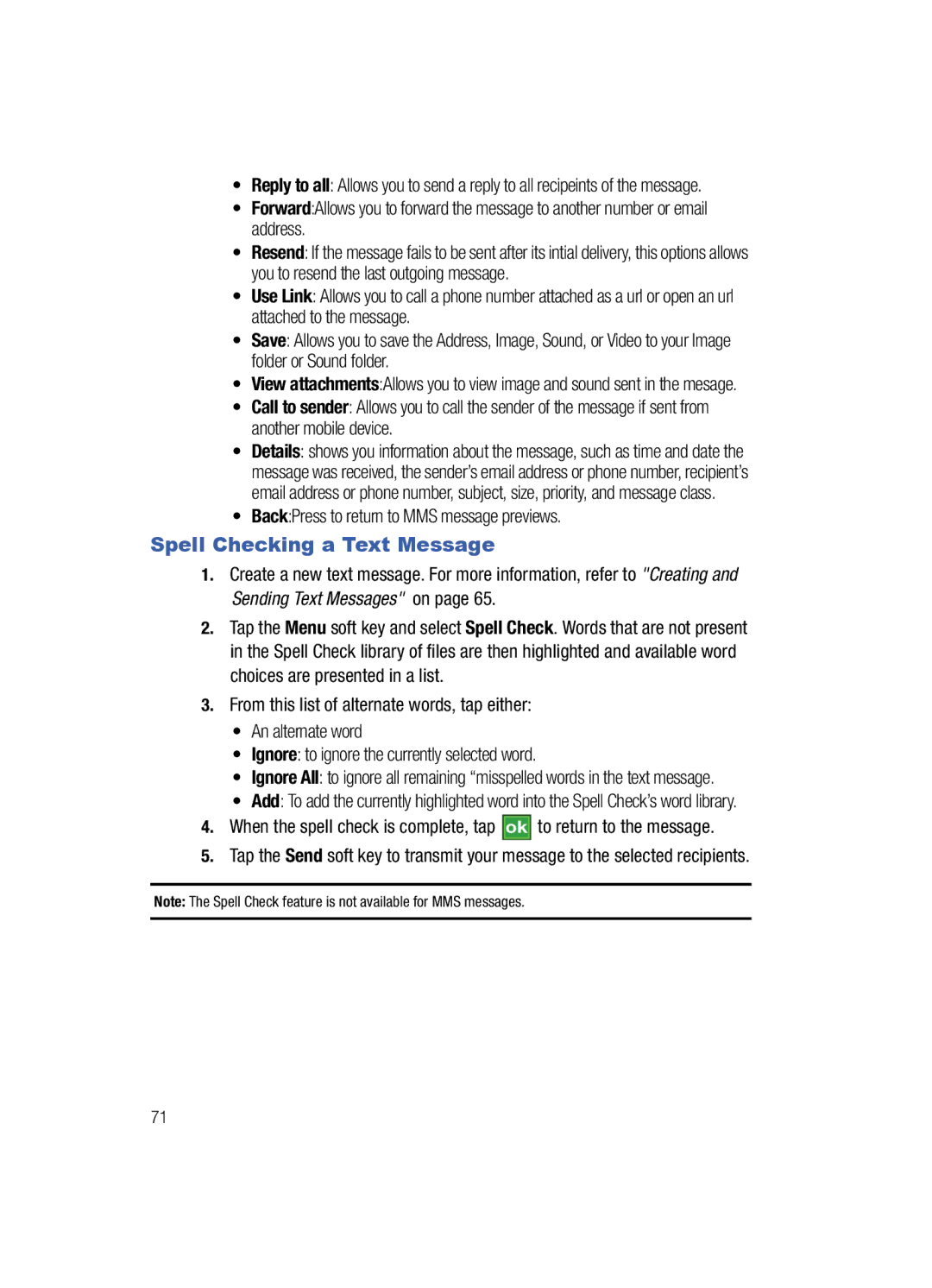 Samsung SCH-i760 user manual Spell Checking a Text Message, BackPress to return to MMS message previews 