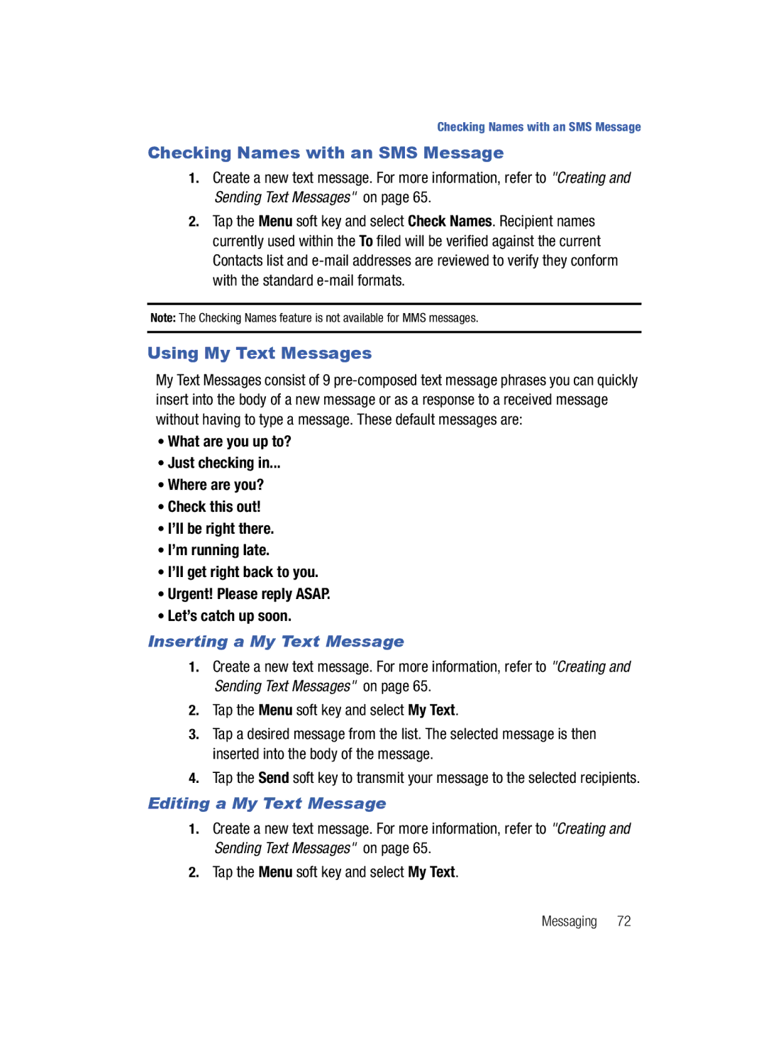 Samsung SCH-i760 user manual Checking Names with an SMS Message, Using My Text Messages, Inserting a My Text Message 